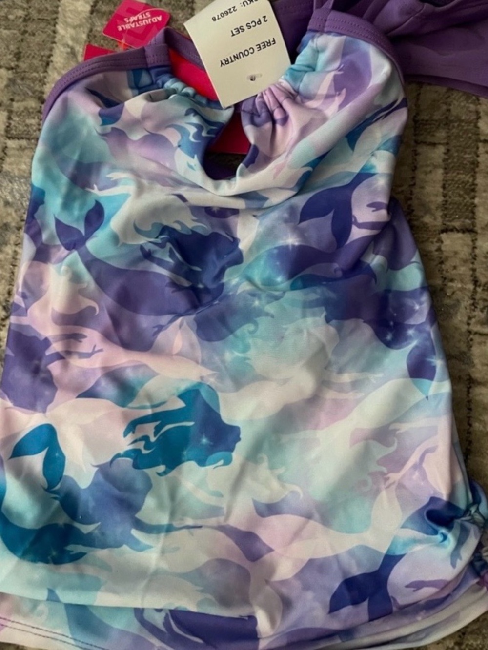 New Free Country Girls 2 Piece Mermaid Camo Keyhole Swimsuit Size 7, Lavender